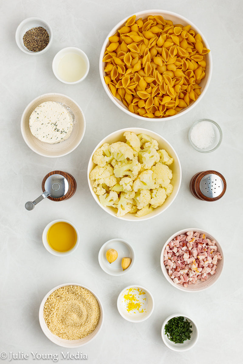 Cauliflower Pasta with Creamy Boursin Sauce and Bacon Pangrattato (breadcrumbs)