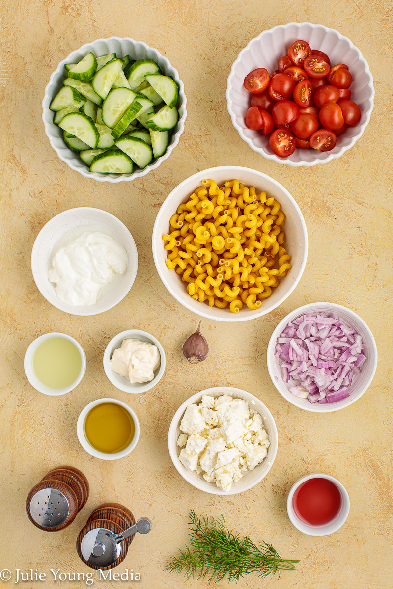 Cucumber Tomato Noodle Salad with Creamy Feta Dressing