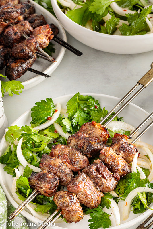 Grilled Liver and Bacon Skewers + Onion Parsley Salad