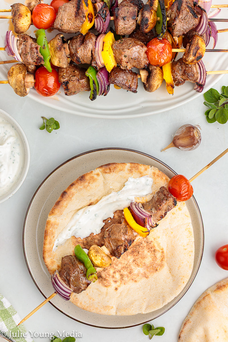 Marinated Tri Tip Beef Kabobs with Garlic Yogurt Sauce