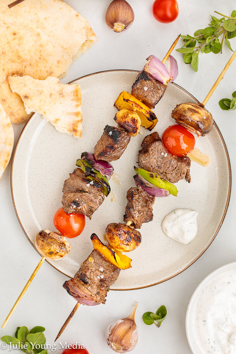 Marinated Tri Tip Beef Kabobs with Garlic Yogurt Sauce