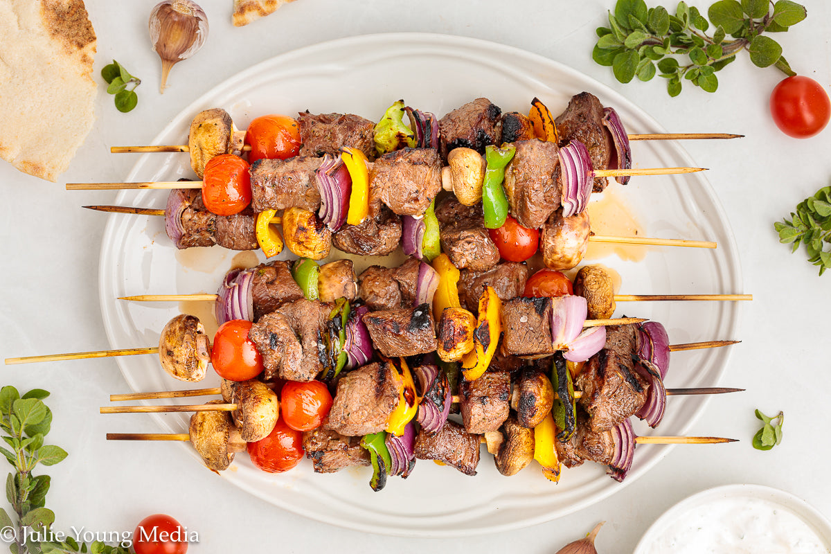 Marinated Tri Tip Beef Kabobs with Garlic Yogurt Sauce