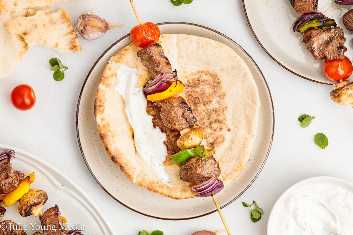Marinated Tri Tip Beef Kabobs with Garlic Yogurt Sauce