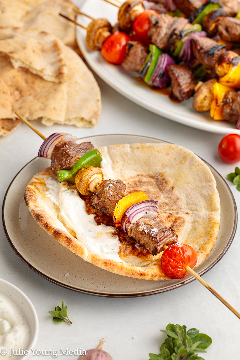 Marinated Tri Tip Beef Kabobs with Garlic Yogurt Sauce