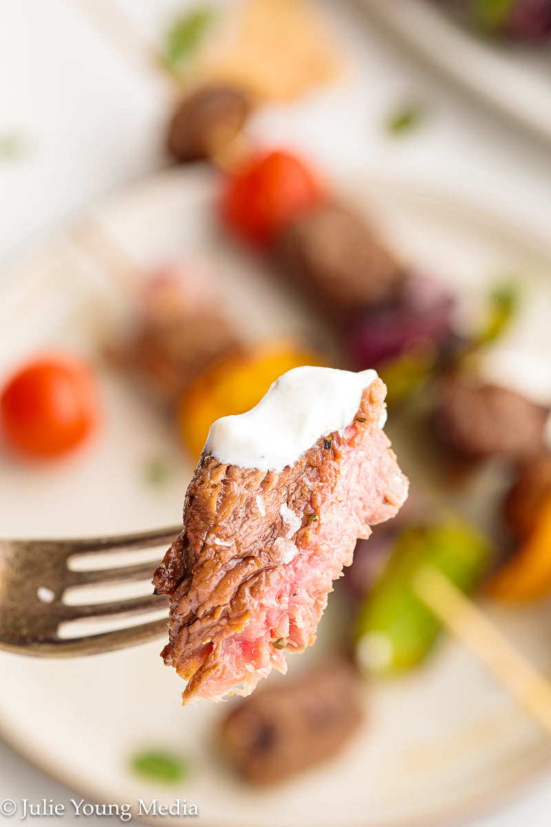 Marinated Tri Tip Beef Kabobs with Garlic Yogurt Sauce