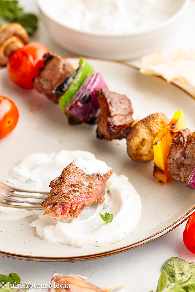 Marinated Tri Tip Beef Kabobs with Garlic Yogurt Sauce