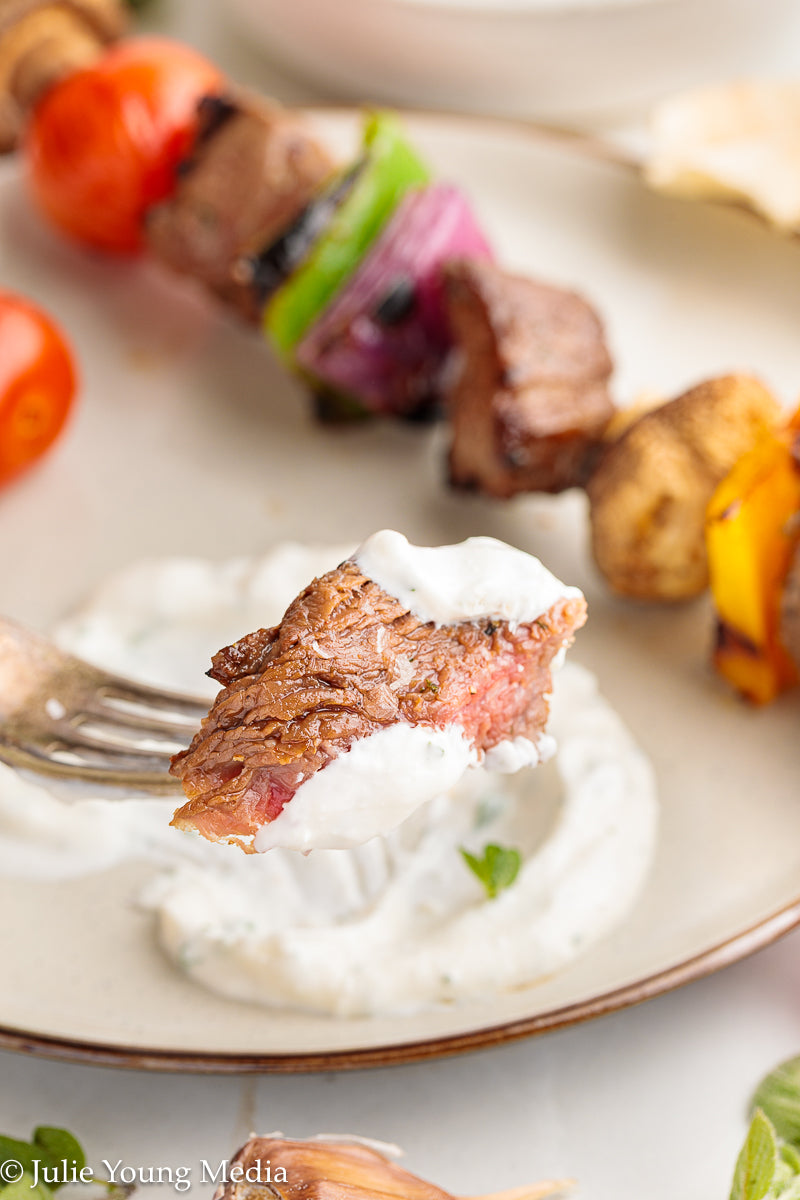 Marinated Tri Tip Beef Kabobs with Garlic Yogurt Sauce