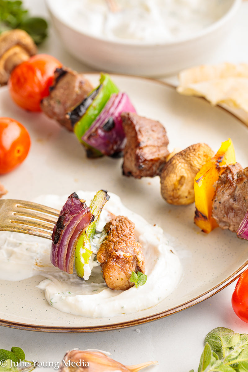 Marinated Tri Tip Beef Kabobs with Garlic Yogurt Sauce