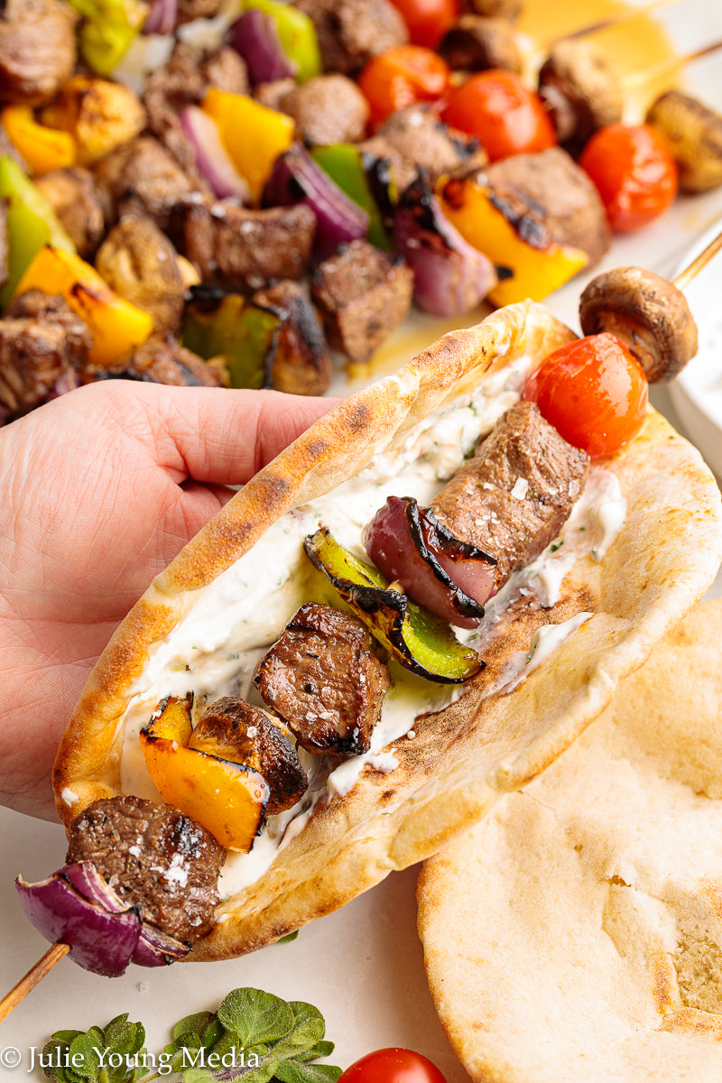 Marinated Tri Tip Beef Kabobs with Garlic Yogurt Sauce