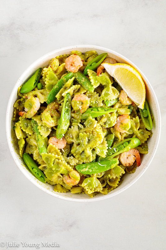Shrimp Pesto Pasta with Snap Peas