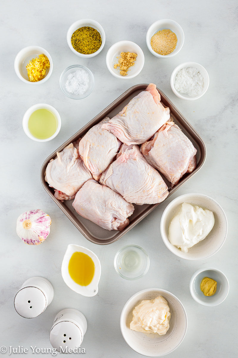 Air Fryer Lemon Pepper Chicken Thighs + Roast Garlic Aioli