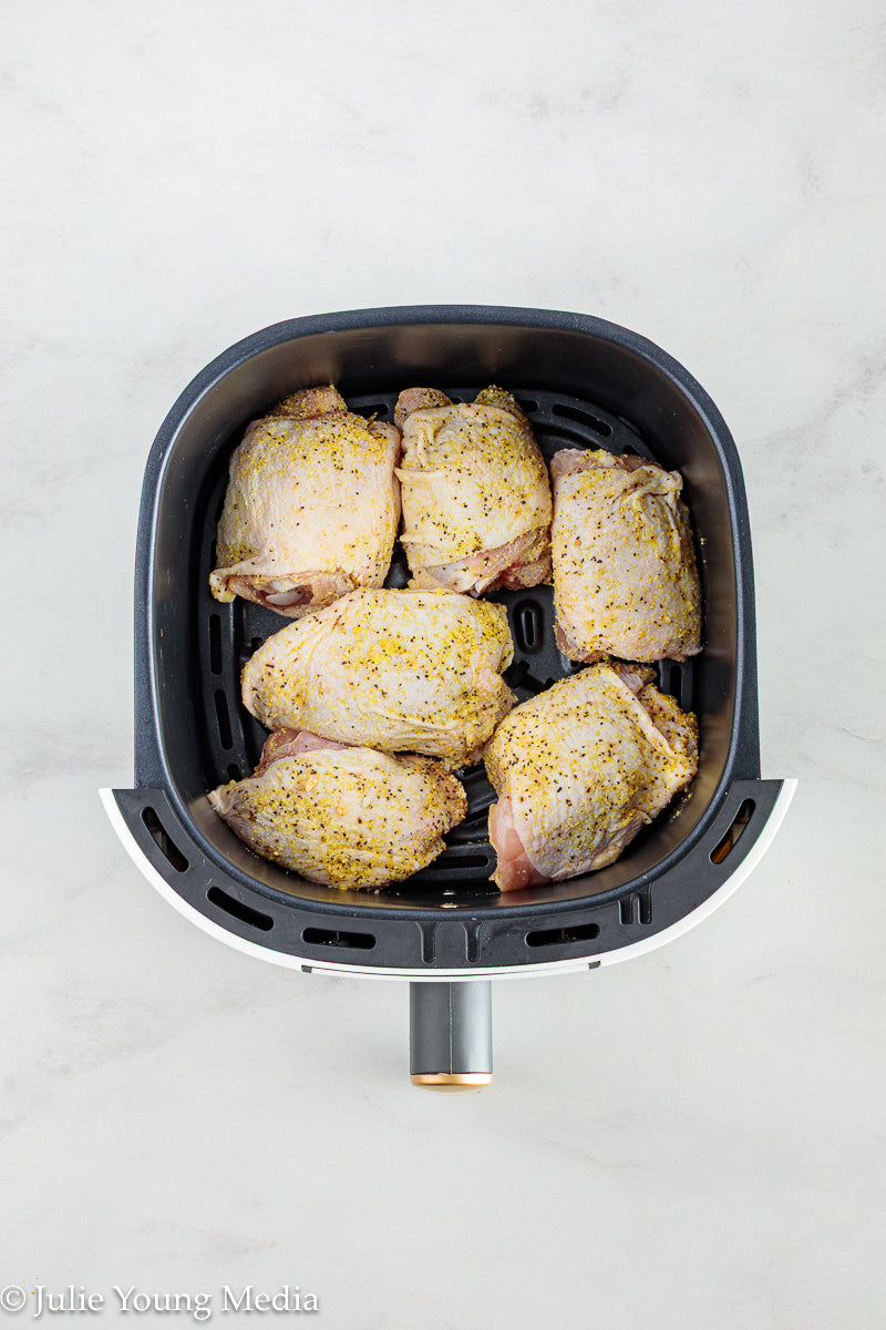 Air Fryer Lemon Pepper Chicken Thighs + Roast Garlic Aioli