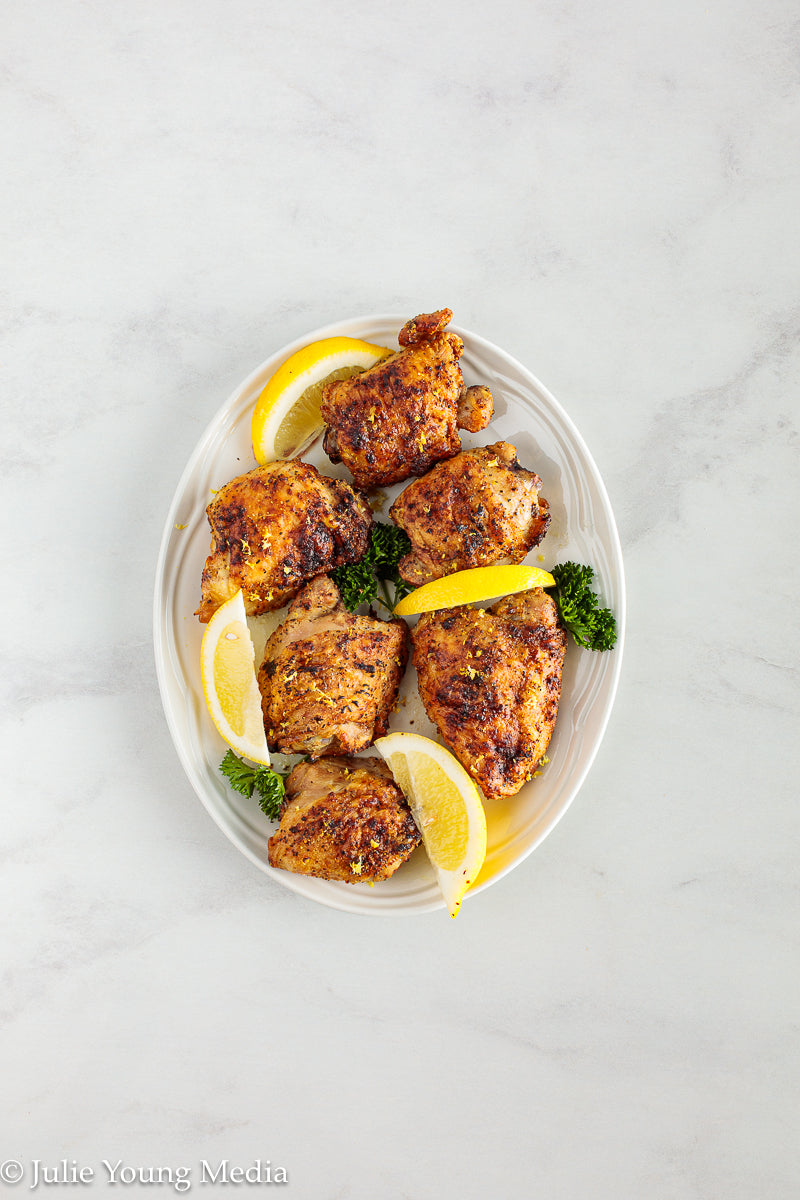 Air Fryer Lemon Pepper Chicken Thighs + Roast Garlic Aioli