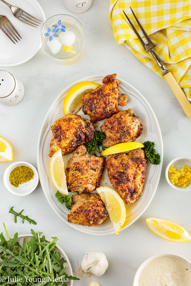 Air Fryer Lemon Pepper Chicken Thighs + Roast Garlic Aioli