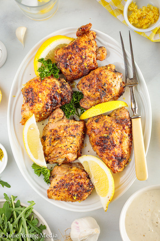 Air Fryer Lemon Pepper Chicken Thighs + Roast Garlic Aioli