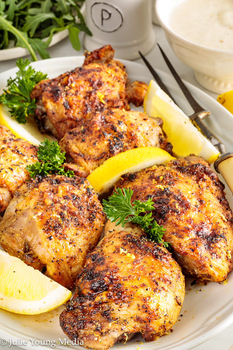 Air Fryer Lemon Pepper Chicken Thighs + Roast Garlic Aioli