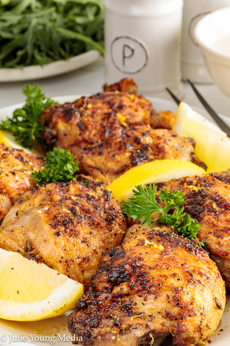 Air Fryer Lemon Pepper Chicken Thighs + Roast Garlic Aioli