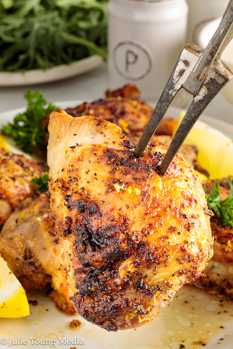 Air Fryer Lemon Pepper Chicken Thighs + Roast Garlic Aioli