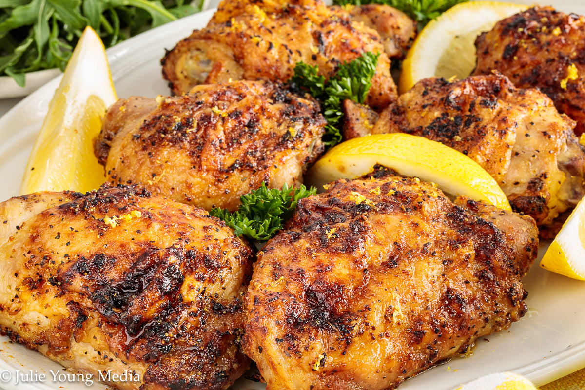Air Fryer Lemon Pepper Chicken Thighs + Roast Garlic Aioli