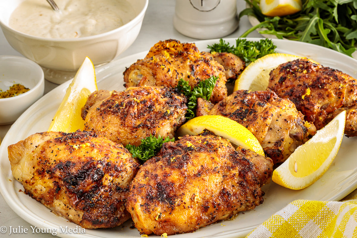 Air Fryer Lemon Pepper Chicken Thighs + Roast Garlic Aioli