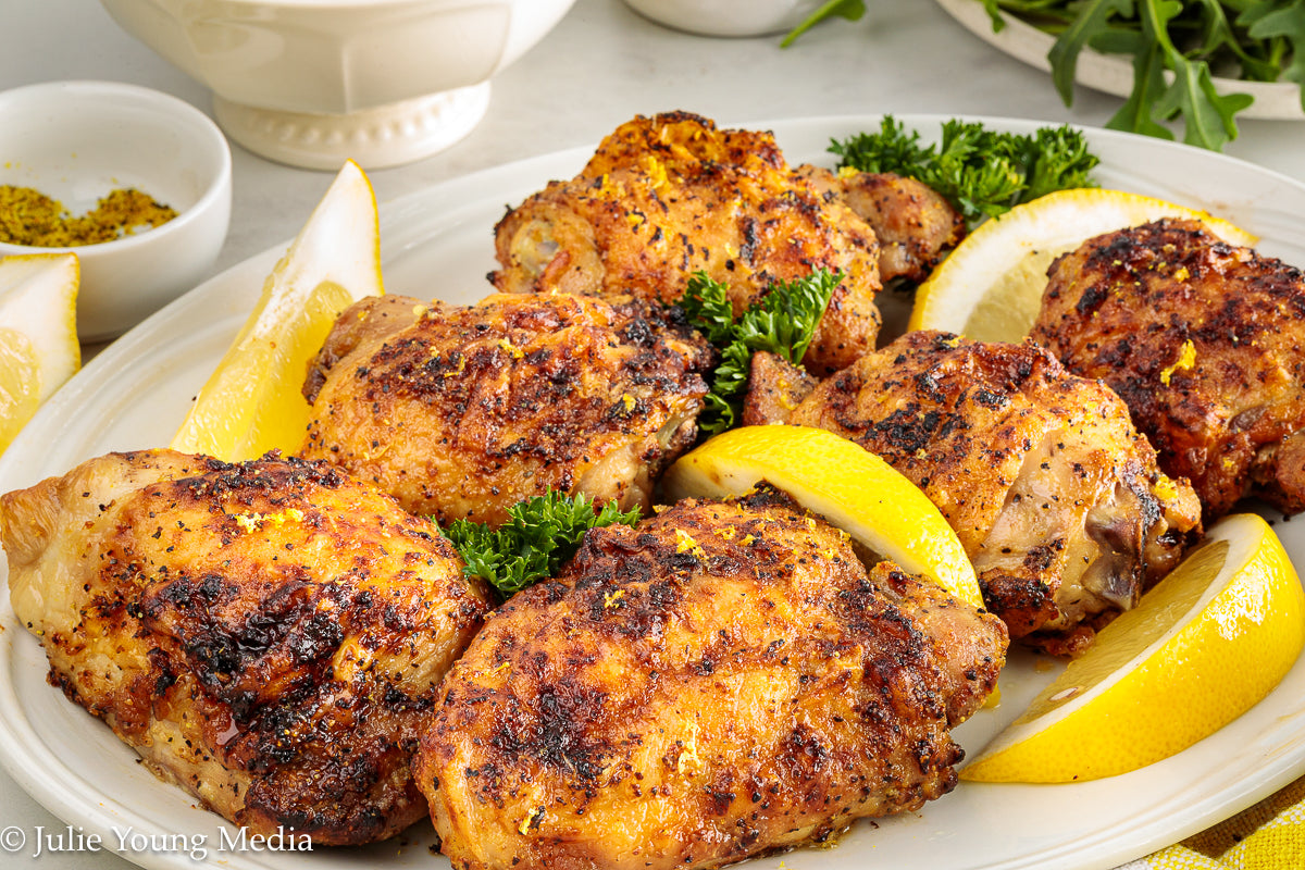 Air Fryer Lemon Pepper Chicken Thighs + Roast Garlic Aioli