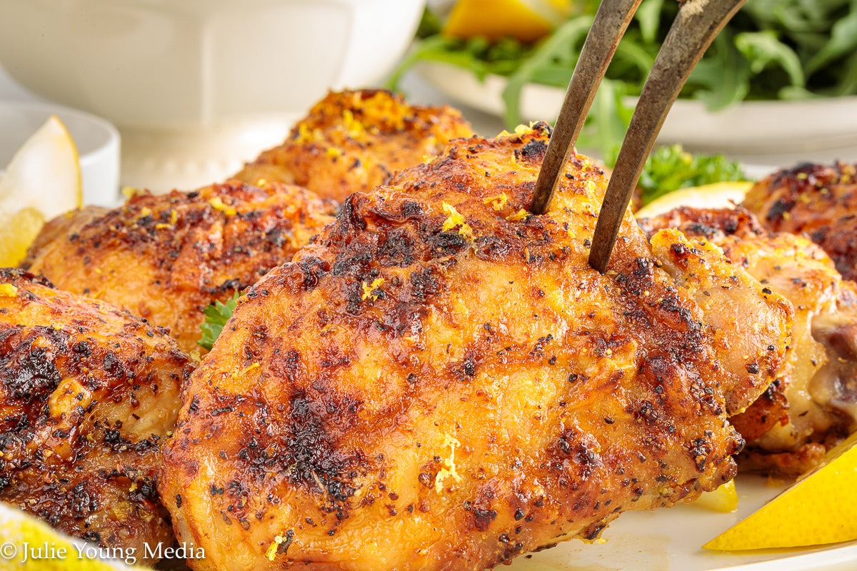 Air Fryer Lemon Pepper Chicken Thighs + Roast Garlic Aioli