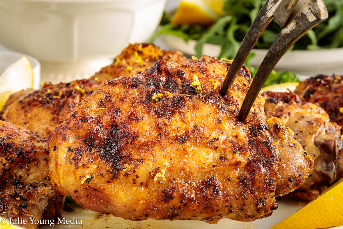 Air Fryer Lemon Pepper Chicken Thighs + Roast Garlic Aioli