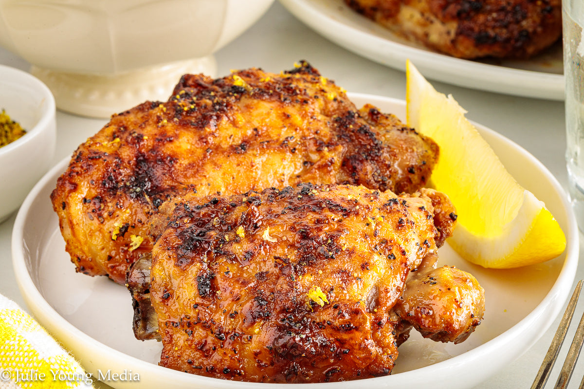 Air Fryer Lemon Pepper Chicken Thighs + Roast Garlic Aioli