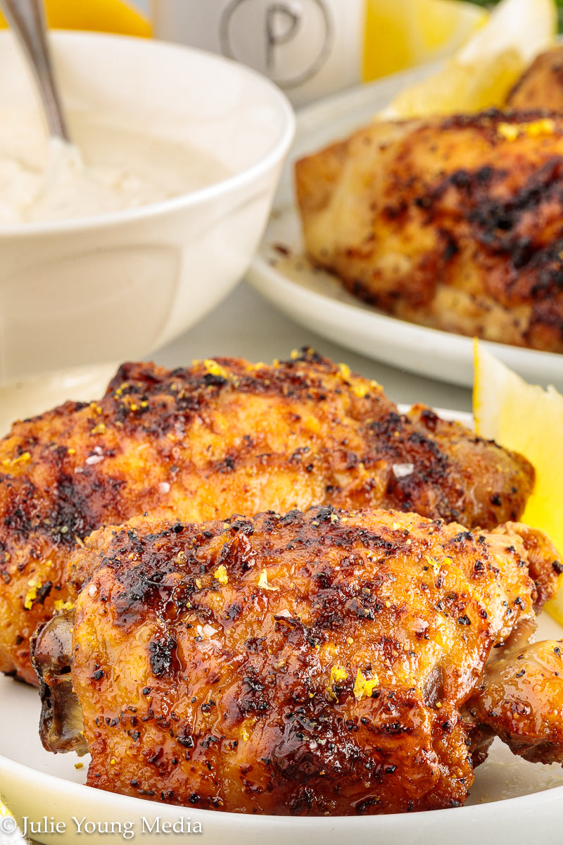 Air Fryer Lemon Pepper Chicken Thighs + Roast Garlic Aioli