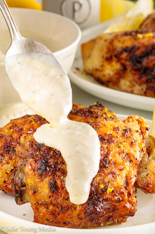 Air Fryer Lemon Pepper Chicken Thighs + Roast Garlic Aioli