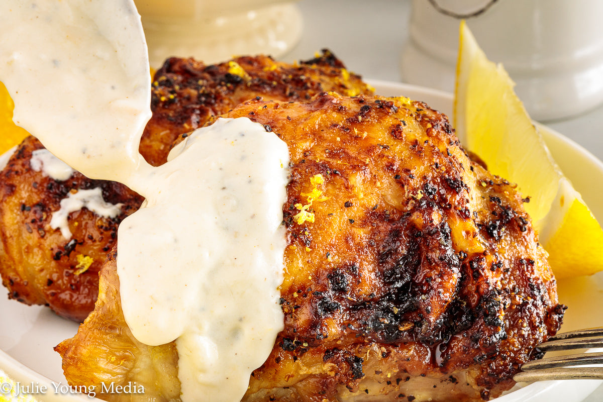 Air Fryer Lemon Pepper Chicken Thighs + Roast Garlic Aioli