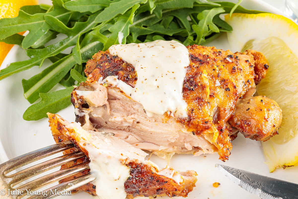 Air Fryer Lemon Pepper Chicken Thighs + Roast Garlic Aioli