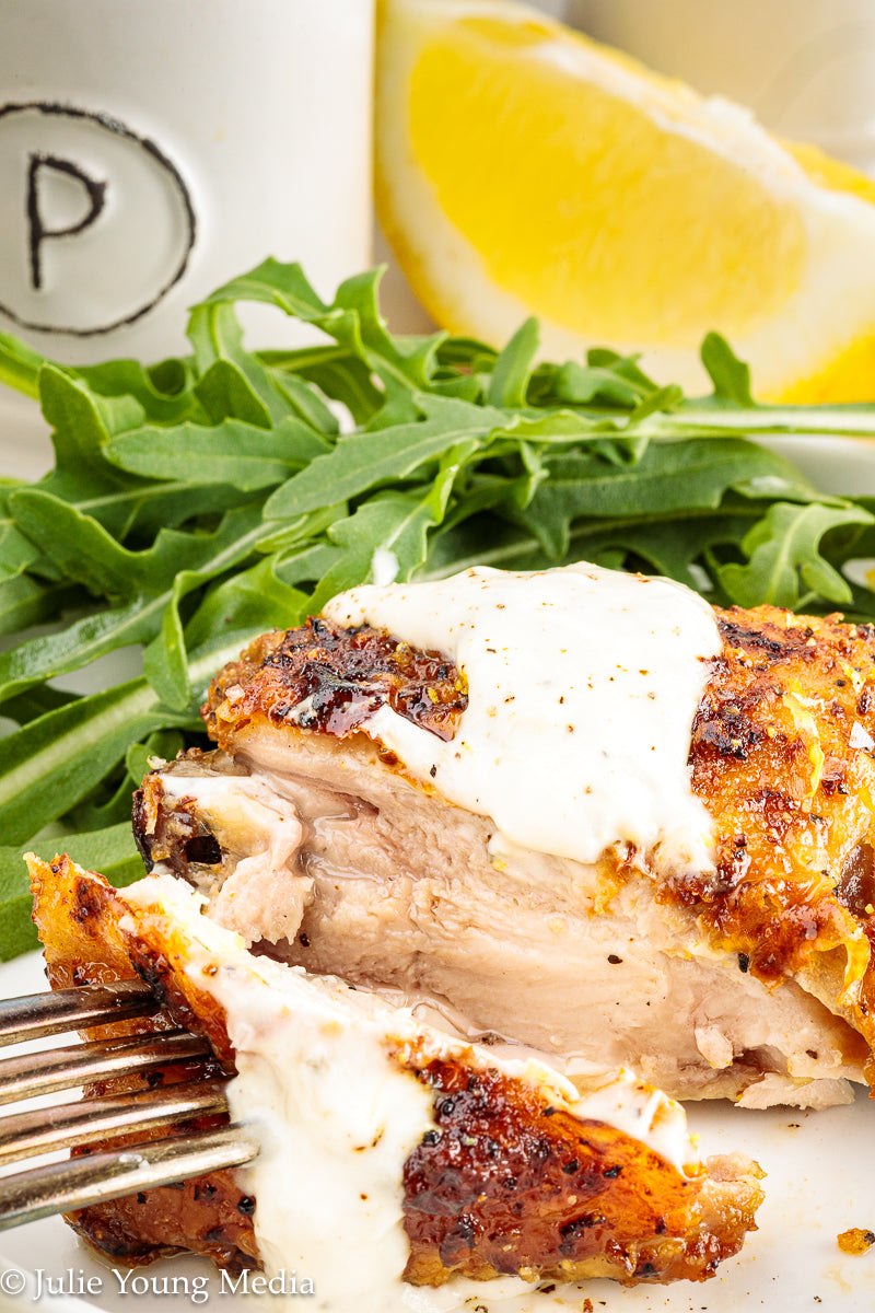 Air Fryer Lemon Pepper Chicken Thighs + Roast Garlic Aioli