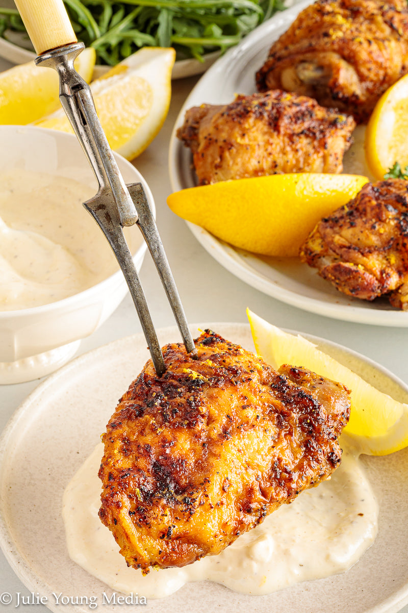Air Fryer Lemon Pepper Chicken Thighs + Roast Garlic Aioli