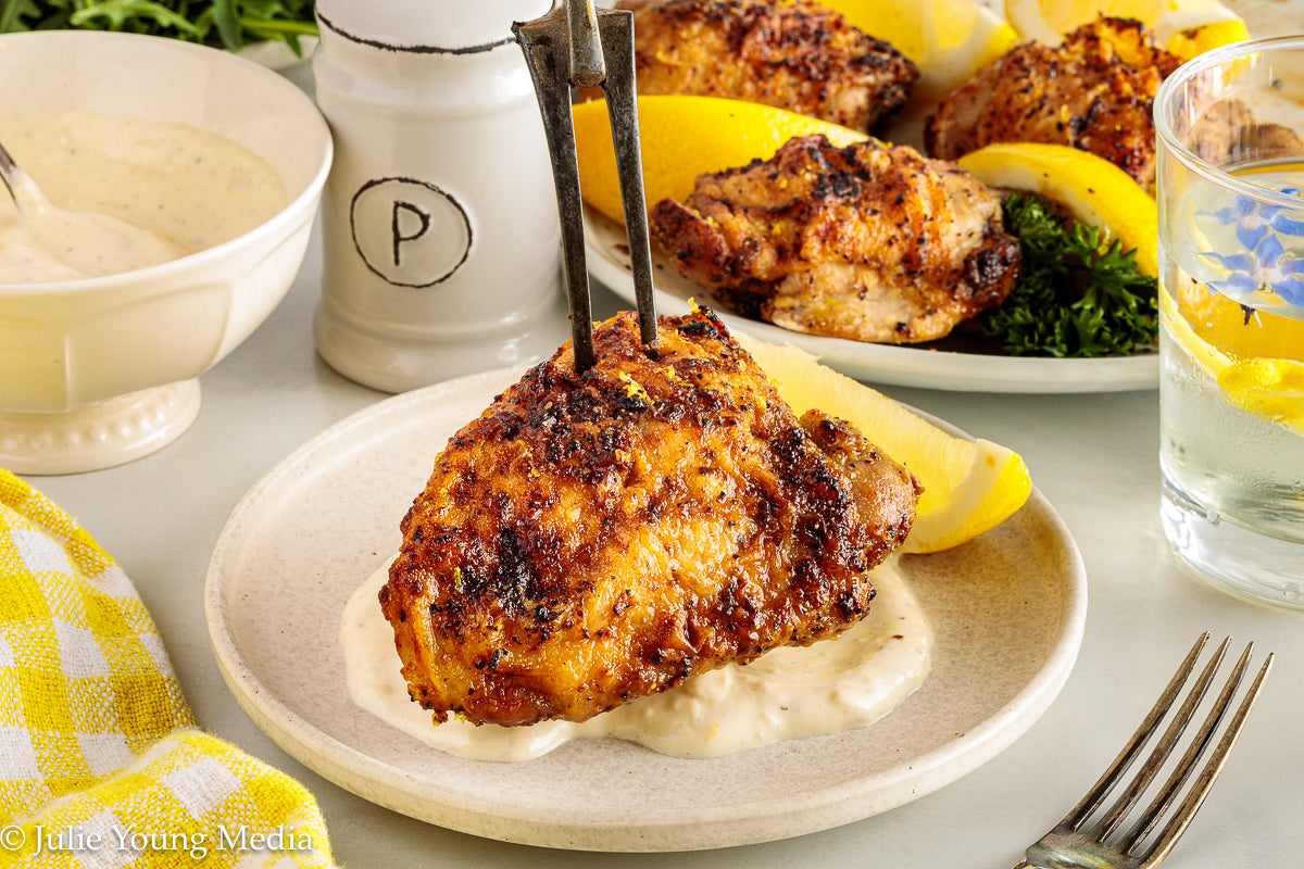 Air Fryer Lemon Pepper Chicken Thighs + Roast Garlic Aioli