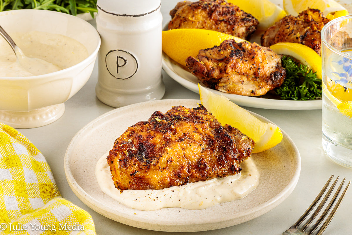 Air Fryer Lemon Pepper Chicken Thighs + Roast Garlic Aioli