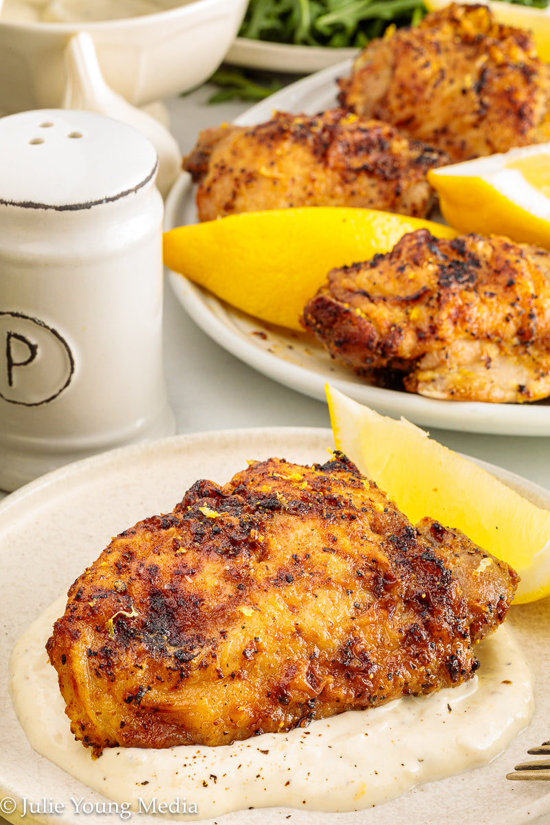 Air Fryer Lemon Pepper Chicken Thighs + Roast Garlic Aioli