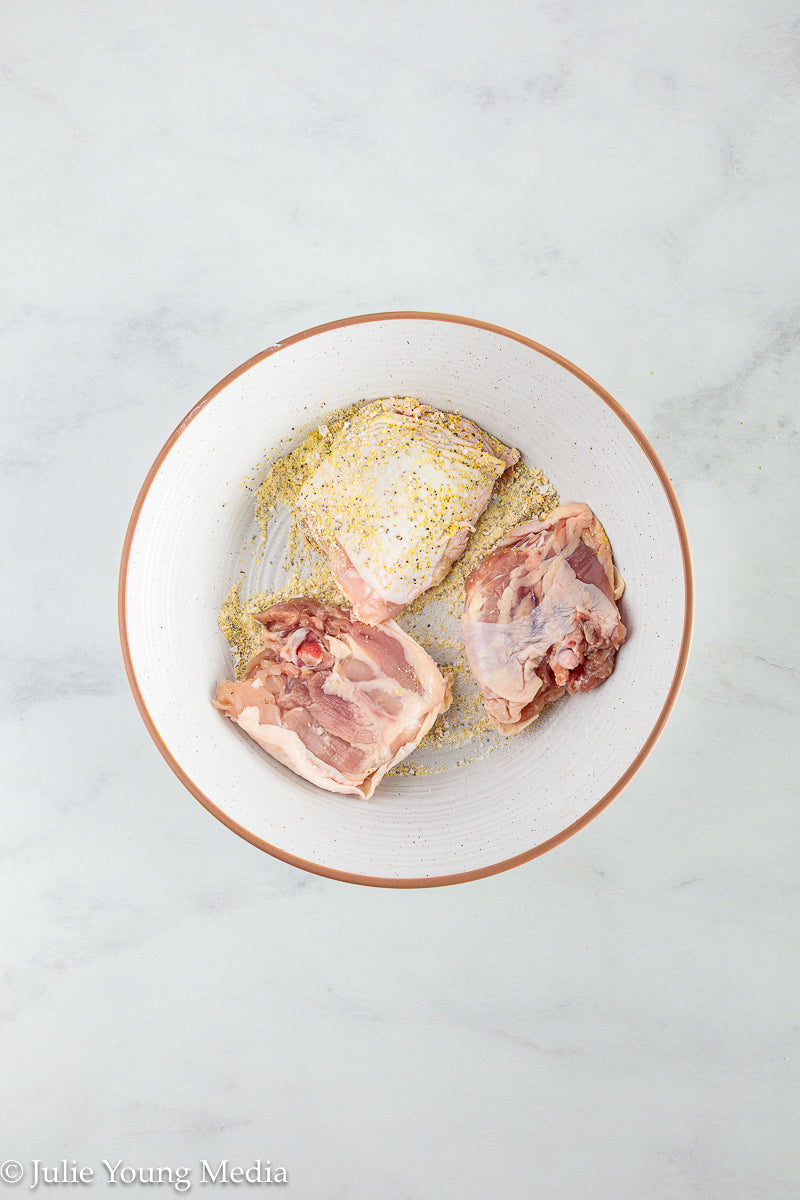 Air Fryer Lemon Pepper Chicken Thighs + Roast Garlic Aioli