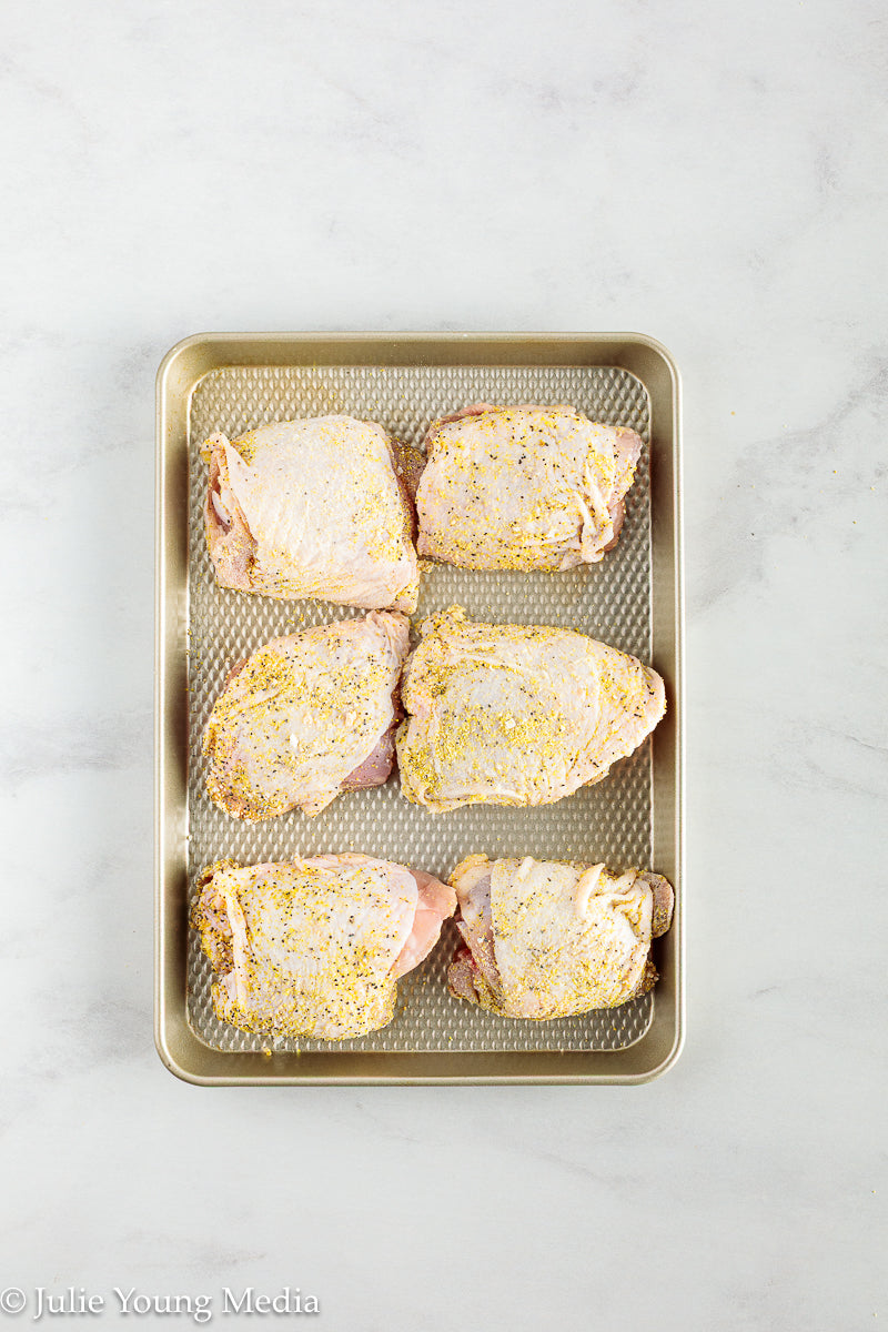 Air Fryer Lemon Pepper Chicken Thighs + Roast Garlic Aioli