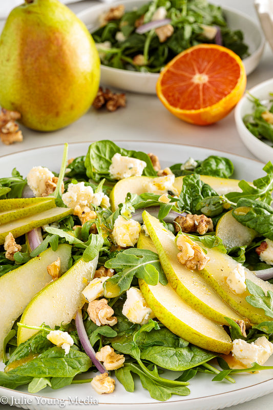 Arugula and Spinach Salad with Walnuts, Blue Cheese, and Pears PLUS Orange Vinaigrette