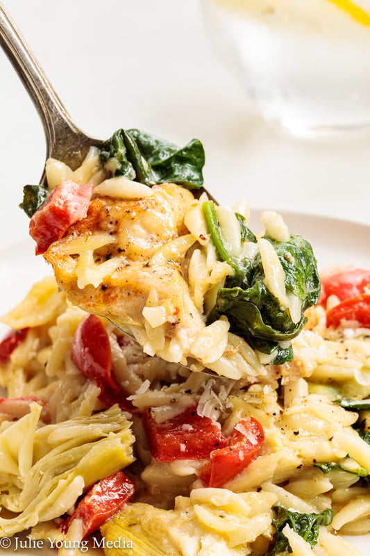 Baked Chicken Orzo with Spinach and Artichokes