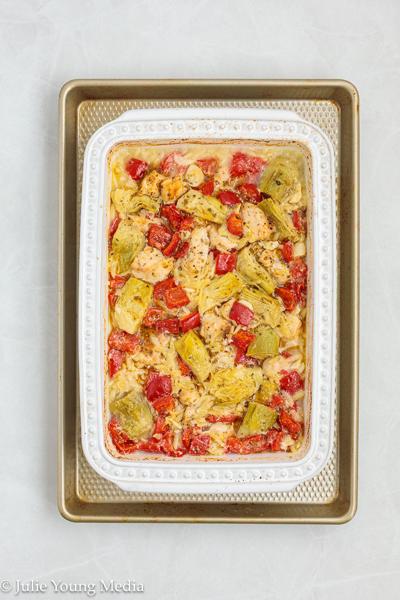 Baked Chicken Orzo with Spinach and Artichokes