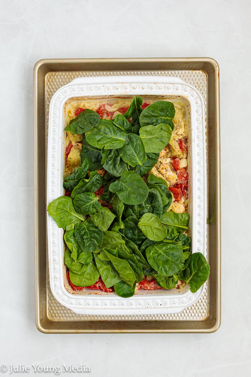 Baked Chicken Orzo with Spinach and Artichokes