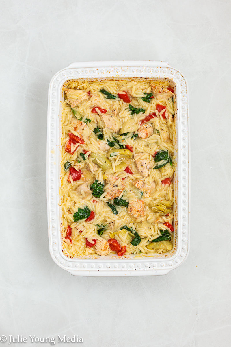 Baked Chicken Orzo with Spinach and Artichokes