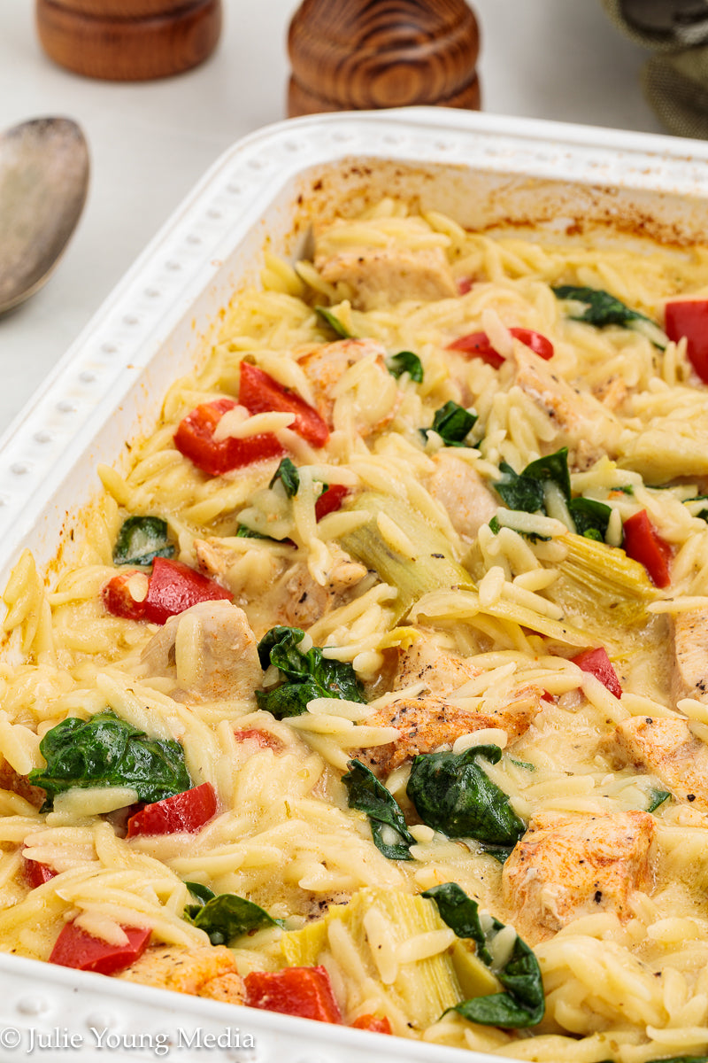 Baked Chicken Orzo with Spinach and Artichokes