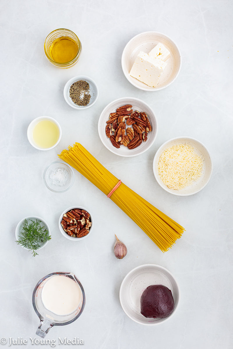 Pasta with Creamy Beet Pesto, Walnuts & Feta