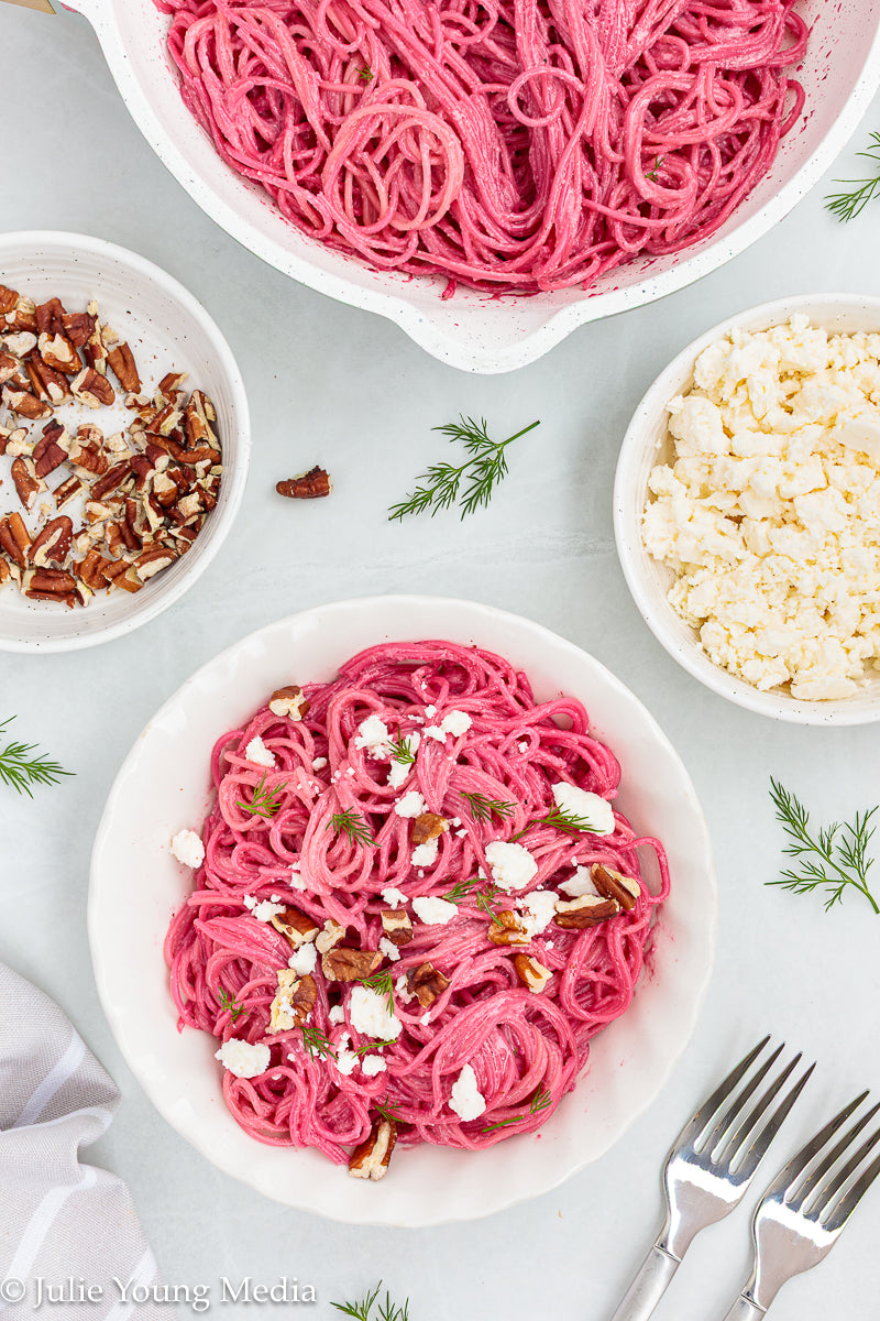 Pasta with Creamy Beet Pesto, Walnuts & Feta