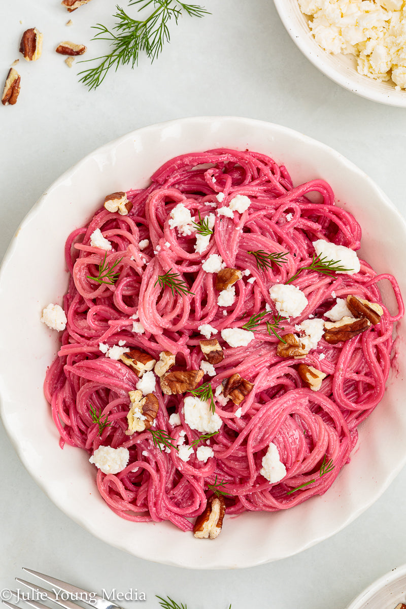 Pasta with Creamy Beet Pesto, Walnuts & Feta