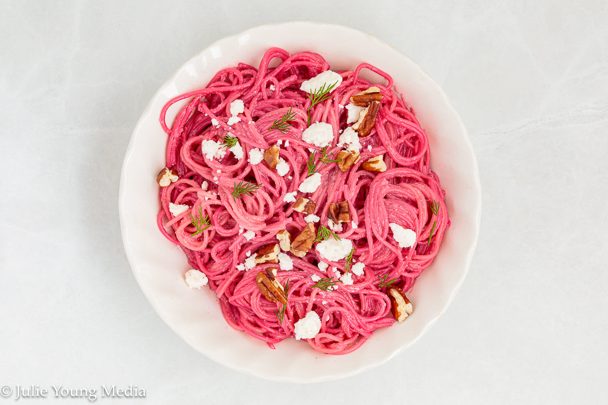 Pasta with Creamy Beet Pesto, Walnuts & Feta