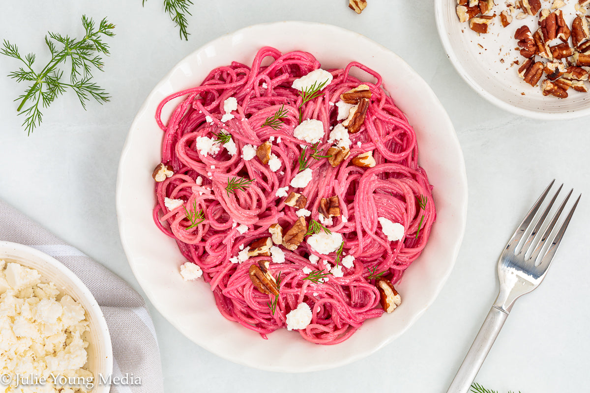 Pasta with Creamy Beet Pesto, Walnuts & Feta